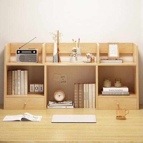 TBQATNTS Wood Desktop Bookshelf with Drawers, 3-Tier Desk Hutch Organizer, Freestanding Storage Rack Display Shelf for Dorm, Office, Bedroom, or Home Study Room,Walnut,120 * 16 * 52cm