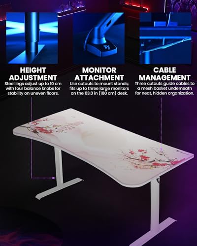 Arozzi Arena Special Edition Ultrawide Curved Gaming and Office Desk with Full Surface Water Resistant Desk Mat Custom Monitor Mount Cable Management Cut Outs - Sakura