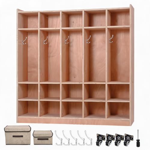 20-Cubby Storage Organizer,Mobile Wood Cabinet with 4 Wheels,2 Doors
