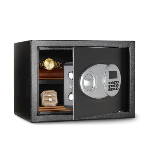Amazon Basics Steel Security Safe and Lock Box with Electronic Keypad, Secure Documents Storage, Black, 0.5 Cubic Feet, 13.8"W x 9.8"D x 9.8"H, Removable Shelf