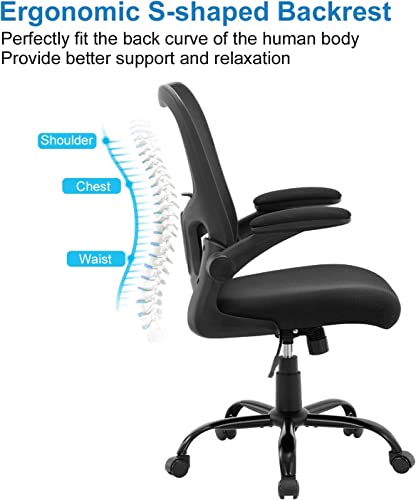 Ergonomic Office Desk Chair - Adjustable Height Home Mesh Computer Chair with Lumbar Support and Flip-up Armrests, Comfortable Swivel Executive Task Chair BIFMA Passed, Black