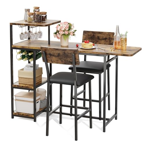 MOVECOM 3-Piece Bar Table & Chairs Set for 2 with Storage Shelves, Wine Rack, Cup Holder, PU Leather Stools, Small Dining Table for Kitchen, Breakfast Nook or Apartment, Classic Color