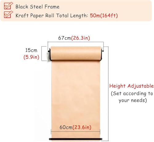LNNW Kraft Paper Dispenser 50 Meter Long Brown Kraft Paper Roll Holder & Dispenser, 30/60/90/120 cm Wide Note Paper Roll Cutter Decorative Message Boards for Wall(Steel Frame Wide-67cm/26.3in)