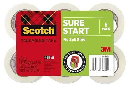 Scotch Sure Start Packing Tape, 1.88 in. x 25 yd Rolls, 6 Pack