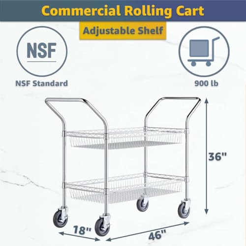 18" x 46" Commercial Chrome Utility Cart with 2 Basket Shelves - Heavy-Duty NSF Wire Storage Rolling Cart with Handles, Mobile Serving Cart for Restaurant, Hotel, Warehouse, Office, Kitchen