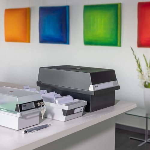 HAN 967-S-631, Card filing box Special Edition A7 landscape. Innovative, attractive design holds 800 cards with lock, readjustable lid supplied with large inscription label, light-grey-translucent