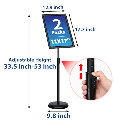 VAIIGO Adjustable Sign Holder Stand - 2Pack 11x17 Inch Pedestal Poster Sign Stand, Heavy Duty Floor Standing Sign Stand Aluminum Snap Open Frame for Church Business Store Sign Holder Stands (Black)