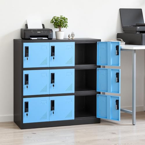 VEVOR 9 Doors Metal Locker for Employees, Steel Locking Storage Cabinet with Card Slot and Ventilation, 2 Keys for Each Door, Employee Lockers for Office, School, Gym, Home, Easy Assembly, Blue&Black
