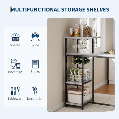GarveeHome Bar Table and Chairs Set for 2, 3-Piece Bar Table Set with Storage Shelves, Cup Holder & Wine Rack, PU Leather Bar Stools, Small Dining Table for 2 for Kitchen, Breakfast Nook, Gray