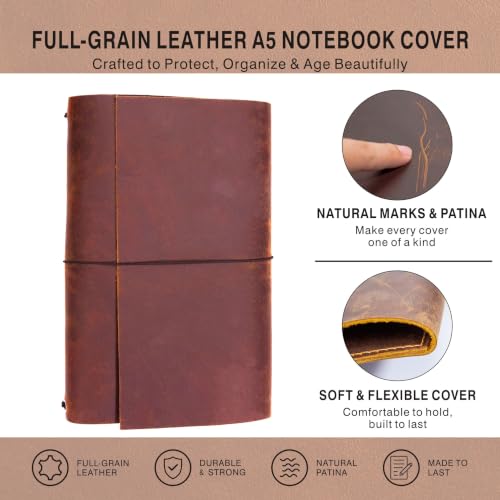 Crazy Horse Leather Trifold Journal Cover A5 – Handmade Refillable Travelers Notebook with Multiple Elastic Bands, Pen Holder & Card Slots, Brown