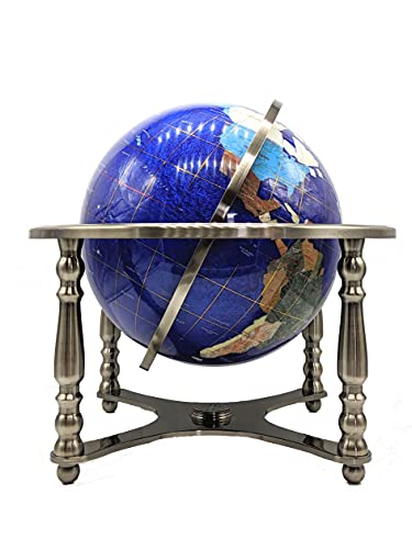 2021 Limited Edition Unique Art 20-Inch Tall Blue Pearl Swirl Ocean Table Top Gemstone World Globe with 4 Leg Silver Stand (Blue Pearl Silver)