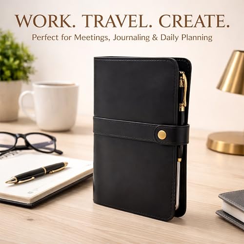 TheAntiq Genuine Leather A5 Journal Cover with Snap Closure – Handmade Refillable Notebook with Card Slots, Pen Holder, Travel Writing Diary for Office & Gift Use 5.75 x 8.25 (Black)