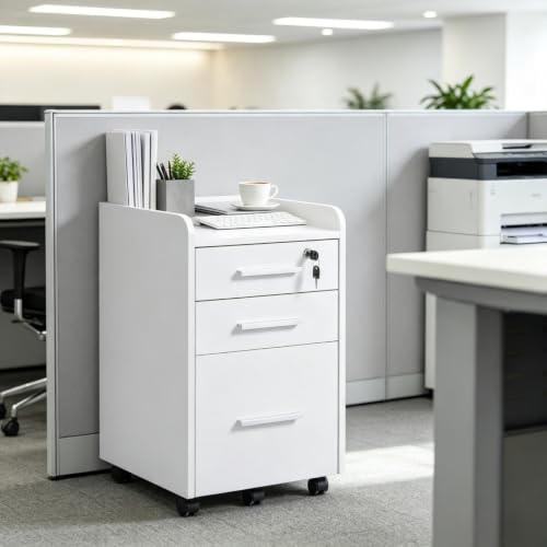 Tanimoreg White 3‑Drawer Mobile File Cabinet, Lockable Rolling Office Storage Cabinet with Raised Top Edge, Vertical Filing Cabinet for Home Office Document Organization