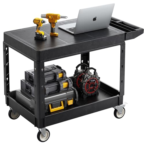 VEVOR Utility Cart, 550 lbs Load Capacity, 37 x 25.4-inch Service Cart, Two-Shelf Heavy Duty Plastic Utility Cart with 360° Swivel Wheels (2 with Brakes), Suitable for Warehouse, Garage, Cleaning
