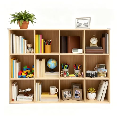 BbqLiaxon 12-Compartment Solid Mobile Cubby Storage Cabinet -Vertical Or Horizontal Bookcase - Open Book Shelf, Rectangular Wood Shelves Cube Shelf for Living Room, Bedroom, Office