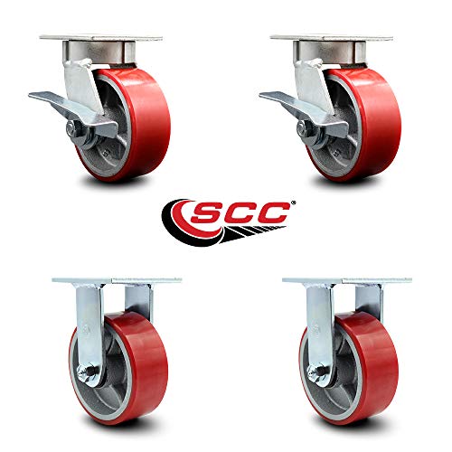 Heavy Duty Kingpinless Swivel Caster Set of 4 with 5 Inch Red Poly on Cast Iron Wheels and Ball Bearings - Includes 2 Swivel with Brakes and 2 Rigid - 4,000 lbs. Total Capacity - Service Caster Brand