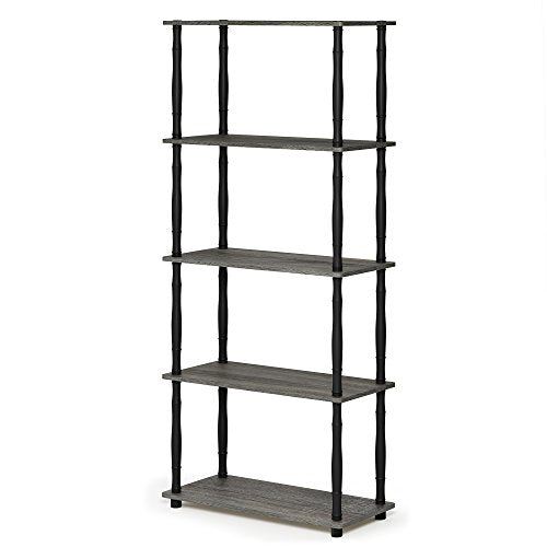 Furinno RATA Book Shelf, 5-Tier Industrial Multipurpose Flat Base Bookshelf, Bookcase with Metal Frame, Wide, French Oak Grey