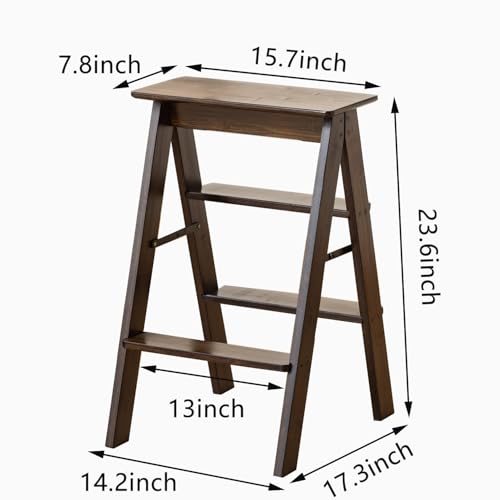 Latifolia Foldable 3 Step Ladder, Bamboo Step Stool with Floor Saver, Decorative Ladder Shelf for Living Room, Kitchen, Garden(Dark Walnut)