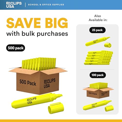 E-CLIPS USA Highlighters Bulk, Yellow Highlighter Markers, Chisel Tip, Fluorescent Yellow, Office Supplies, School Supplies (500 Pack)