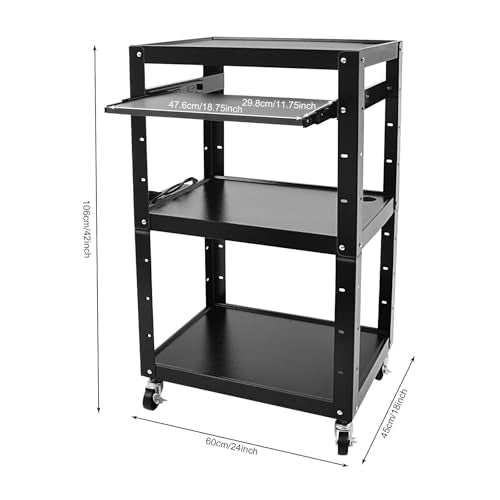 Mobile AV Cart with 4 Shelves, 66lbs Load Capacity Rolling Computer Desk with Pull-Out Keyboard Tray & Power Outlet, Adjustable Height Stand for Printer/Laptop/Projector, Home Office Classroom