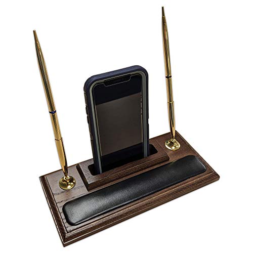 Walnut and Leather Pen Stand with Cell Phone Holder