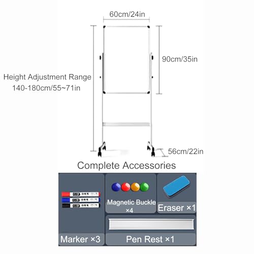 Dry Erase Board with Stand, Double Sided White Board Magnetic, Big Rolling Whiteboard on Wheels, Adjustable Height and Angle(Black,90x60cm/35x24in)