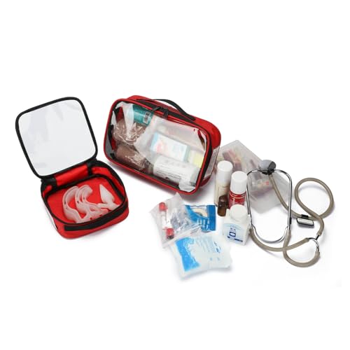 Empty Medicine Supplies Bag Color Coded First Aid Medical Kit Accessory Pouches,with Transparent Window Emergency,for Home and Work,Camping,Hiking,Daily Use(Red,S)