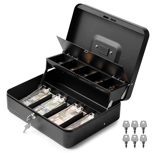 Volcora Large Cash Box with Key Lock, Metal Money Box for Cash, Portable Locking Safe Box with Money Tray, Durable Money Saving Organizer for Yard Sale, Garage Sale, Small Business, Black