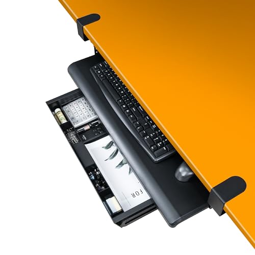 EHO Keyboard Tray with Drawer - Clamp On Under Desk Pull Out Extender Table Attachment Platform with Storage Organizer, Large 27.5" (31.8" Including Clamps) x 12.2", Height Adjustable for Home Office