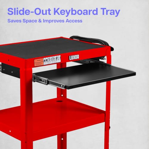 LUXOR UCMT1KB-RD Adjustable-Height Steel Utility Cart - Pullout Keyboard Tray, Red
