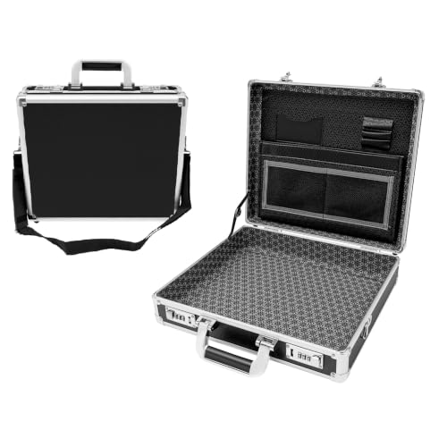 MhdunueSK Locking Briefcase,Aluminum Combination Lock Hard Laptop Case with Strap,15x13x4.3 Inch Briefcases for Men and Women (Black)
