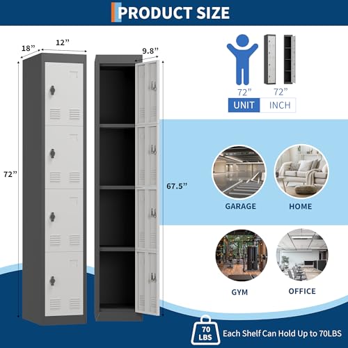 4 Doors Tall Single Metal Locker, Metal Lockers for Employees with Keys, 72 in Black Employee Storage Cabinet with Doors, Steel Storage Cabinets Lockable for School, Gym, Home, Office, Mudroom, Black
