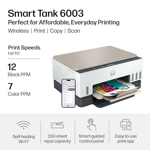 HP Smart Tank 6003 Wireless All-in-One Ink Tank Printer, Scanner, Copier with up to 3 Years of Ink Included, Best-for-Home, Cartridge-Free Refillable, AI-Capable (9B5C8A)