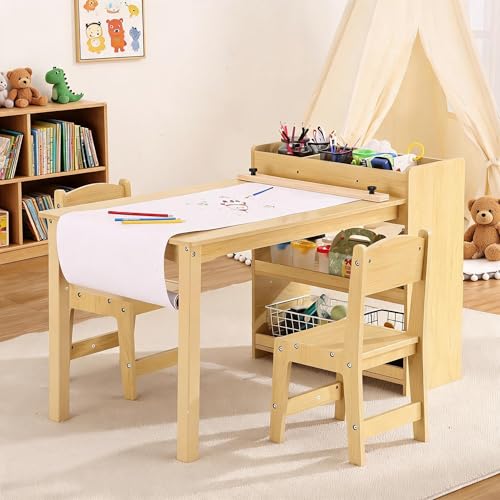IDEALHOUSE Kids Wooden Activity Play Desk, Toddler Craft Drawing Table with Large Storage Shelves, Children Study Writing Table Furniture for Home Nursery Daycare Classroom