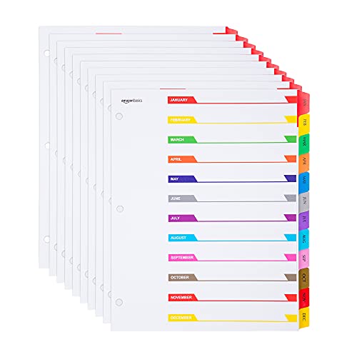 Amazon Basics Ready Index Monthly Paper Tab Dividers, 12-Tab, 10-Pack, Multicolor