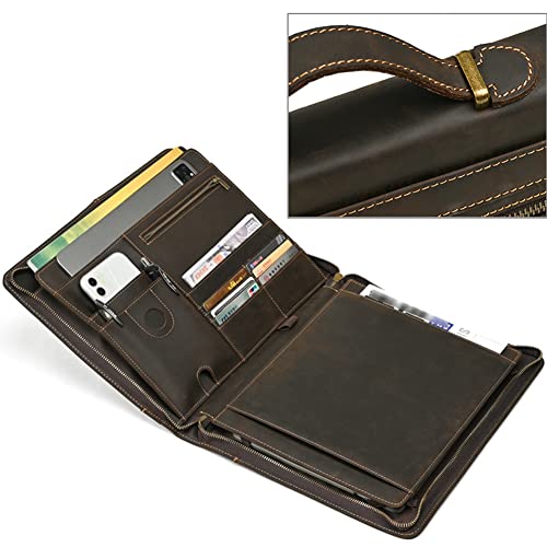 Personalized Leather Portfolio Binders - Genuine Leather Padfolio - Business Notebook Organizer - Padfolio for Men & Women w/Notepad Fit iPad Pro 12.9" / Portfolio with AirTag Holder (o-Coffee)