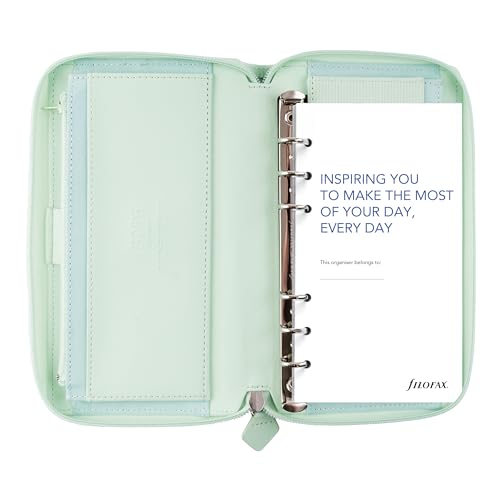Filofax Saffiano Zip Organizer, Personal Compact Size, Neo Mint - Cross-Grain, Leather-Look, Six Rings, Two-Weeks-to-View Insert, English (C028811)