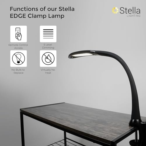 Stella Edge Premium 10W LED Desk Clamp Task Lamp-Black-Adjustable Dimmable Low Vision Natural Table Light - Bright Macular Degeneration Aid Lighting - Hobby, Crafting, Sewing, Artist, Reading, Office