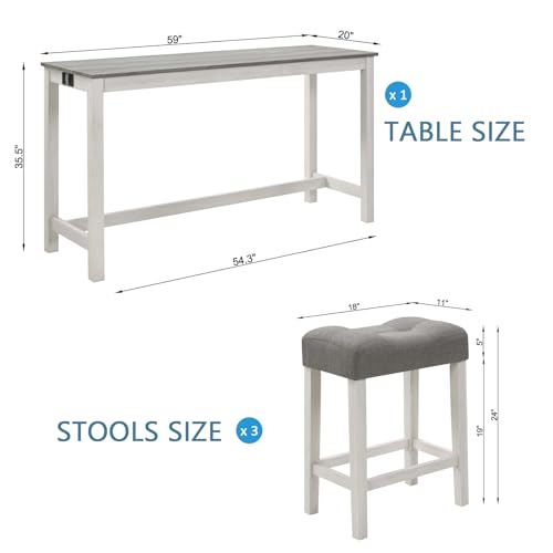 Ball & Cast 4 Piece Dining Table and Chairs Set with Charging Station, Farmhouse Wooden Kitchen Island-Table w/USB&Typc C&Power Outlet, 59" Behind Sofa-Table w/3pcs Upholstered Stools,White&Grey