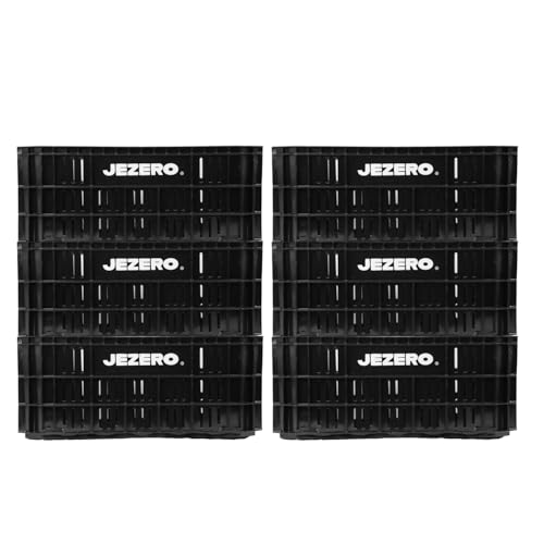 JEZERO Heavy-Duty Plastic Utility Tote | Reinforced Storage Crate for Heavy Loads | Durable & Reusable | 20" x 12" x 8", Black, 6-Pack