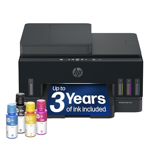 HP Smart Tank 7603 Wireless All-in-One Ink Tank Printer, Scanner, Fax, Copier with up to 3 Years of Ink Included, Best-for-Home Office, Cartridge-Free Refillable, AI-Capable (D34F7A)