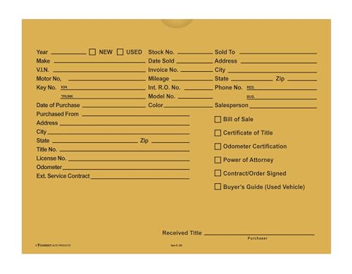 Printed Vehicle Deal Envelopes 9x12 Deal Jackets (100 shrink wrapped) (Buff)