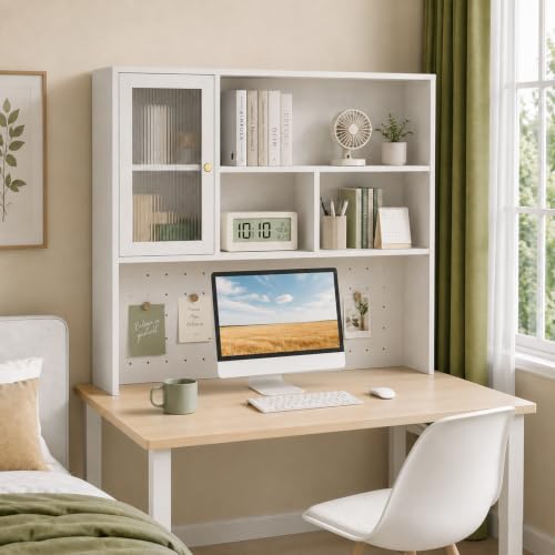 LINLIUA Desktop Bookshelf, Desk Hutch Dorm with Pegboard, Desk Shelves for Top of Desk, Wood Desktop Storage Rack with Cabinet Door, Countertop Bookcase for Office Dorm Home Study