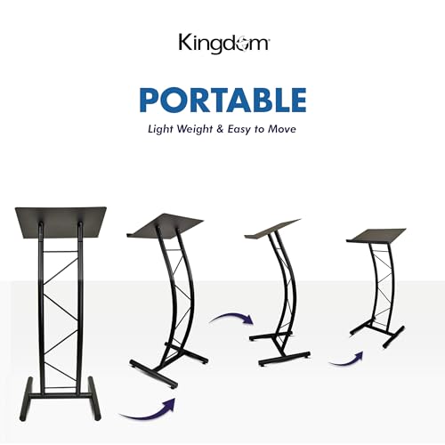Kingdom KML8CB All Metal-Constructed Curved Lectern with “H” Style Base, Stand up Church Pulpit, Slanted Lectern, Conference Podium for Speakers, Speeches, Other Occasions, Powder Coat Finish Black