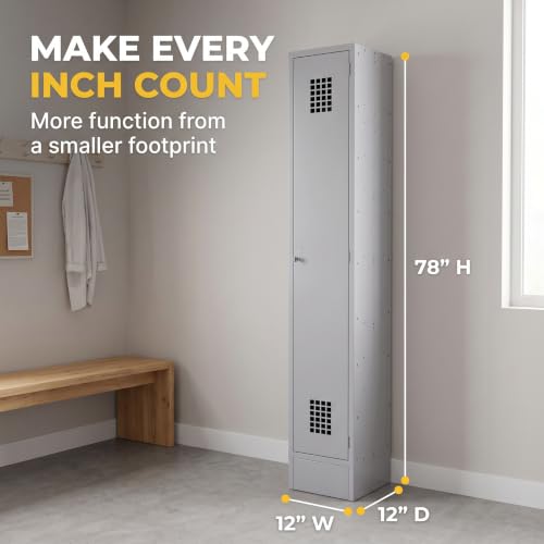 SunSierra 12” x 12” x 78” Single 1 Door Metal Locker - Grey Freestanding Steel Cabinet with Ventilated Lockable Compartments for Employee Storage, Breakroom, Gym, Office and School