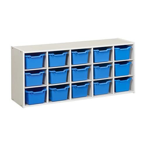 ECR4Kids 15 Cubby Tray Cabinet with Bins, 3x5, White Wash, Blue