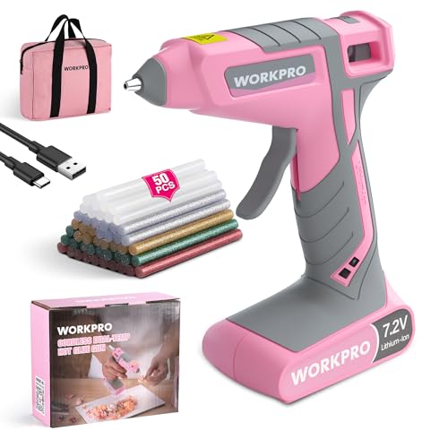 WORKPRO Cordless Hot Glue Gun, 7.2V Dual-Temp Kit, Pink