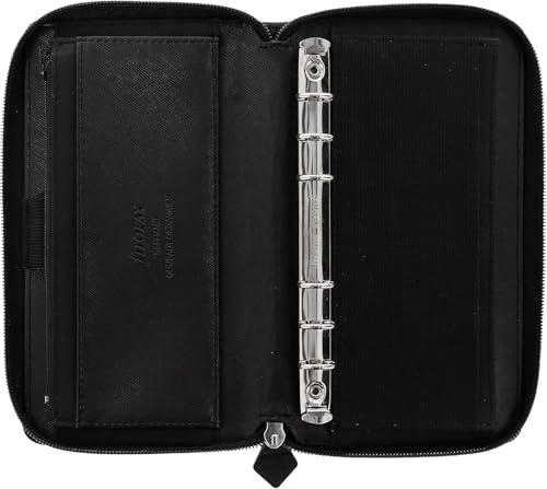Filofax Saffiano Zip Organizer, Personal Compact Size, Black - Cross-Grain, Leather-Look, Six Rings, Two-Weeks-to-View Insert, English (C028775)