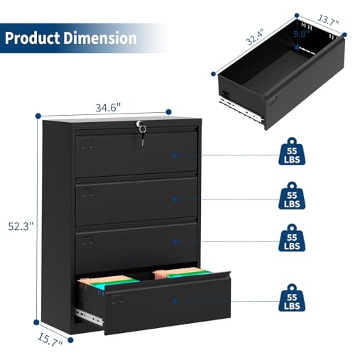 FinerFurnis Heavy Duty 4-Drawer Lateral File Cabinet with Lock, 52" Height Metal Office Filing Storage Organizer, Fits Letter, Legal, A4, F4 Documents, Lockable, Easy Assembly, Black