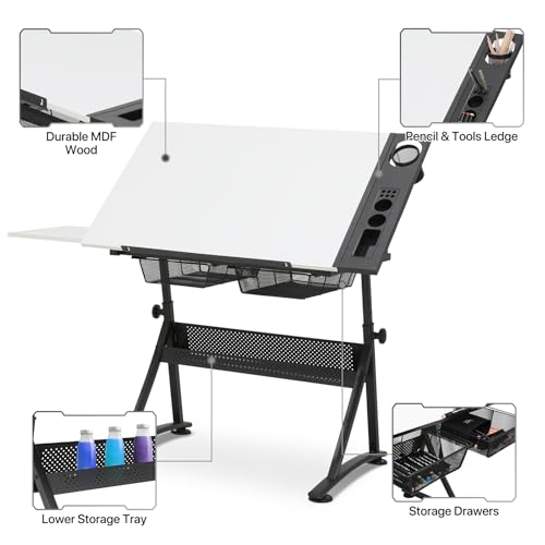 MoNiBloom Art Deco Drafting Table, Height-Adjustable, Tiltable Tabletop, Stool for Reading Writing Painting, Homeschooling Desk for Children with 2 Storage Drawers